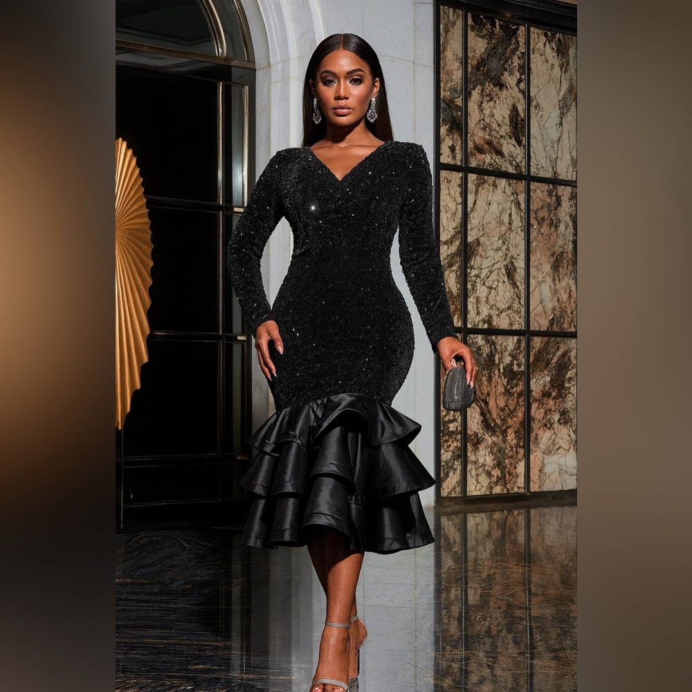 Elegant Black Sequin Dress with Ruffle Hem